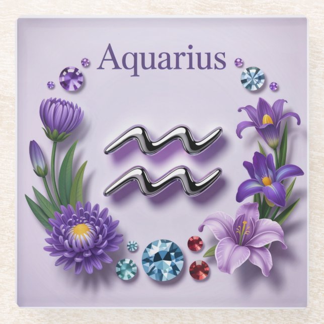 Lavender Aquarius Glyph Glass Coaster (Front)