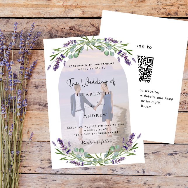 Lavender arch photo florals QR RSVP wedding Invitation (Creator Uploaded)