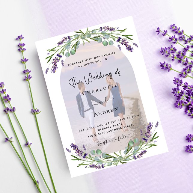 Lavender arch photo violet florals luxury wedding invitation (Creator Uploaded)