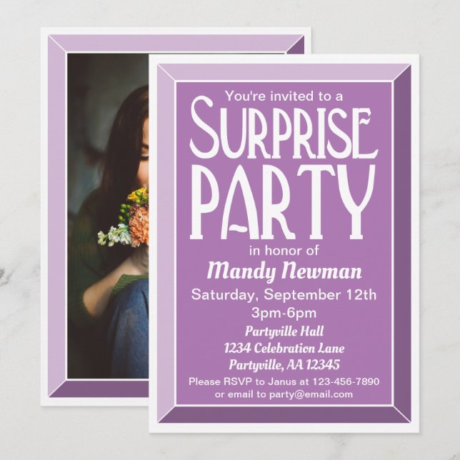 Lavender Art Deco Photo Birthday Surprise Party Invitation (Front/Back)