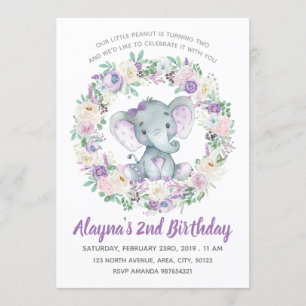 Lavender Baby Elephant Birthday Invitation
