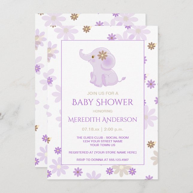 Lavender Baby Elephant Floral Baby Shower | Invitation (Front/Back)