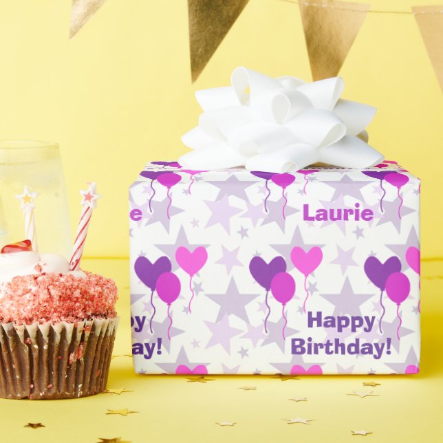 Lavender Balloons Stars Personalised Birthday Wrapping Paper (Birthday Party)
