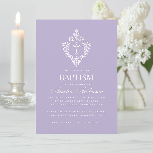 Lavender Baptism Cross Floral Crest Elegant Purple Invitation (Creator Uploaded)