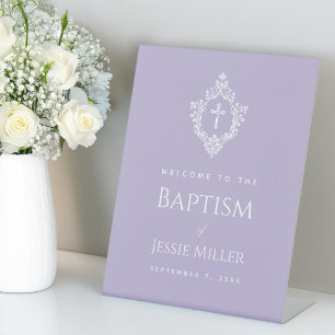Lavender Baptism Welcome Cross in Crest Elegant  Pedestal Sign
