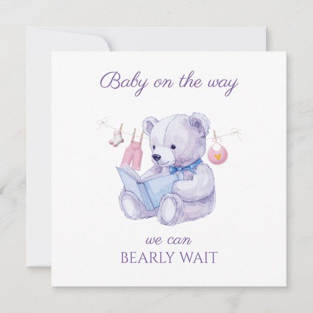 Lavender Bear reading a book Baby Shower (Front)