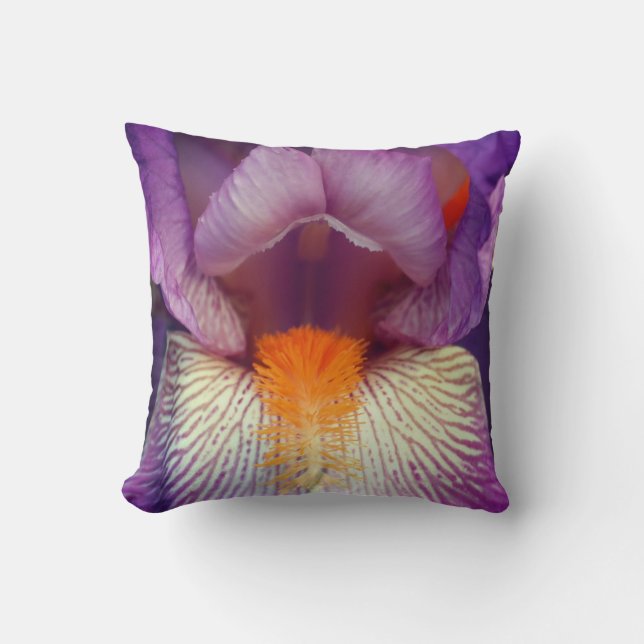 Lavender Bearded Iris Flower Petal Close Up Cushion (Front)