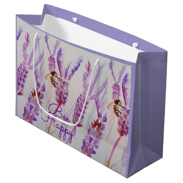 Lavender Bee Happy Herb Watercolor Flower Large Gift Bag (Front Angled)