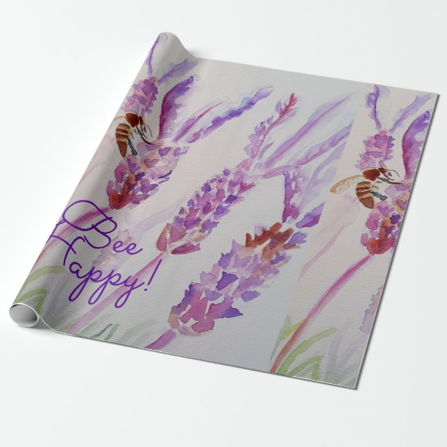Lavender Bee Happy Herb Watercolor Flower Wrapping Paper (Unrolled)