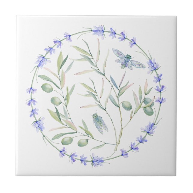 Lavender, Bees, and Olive Branches Clear Image Ceramic Tile (Front)