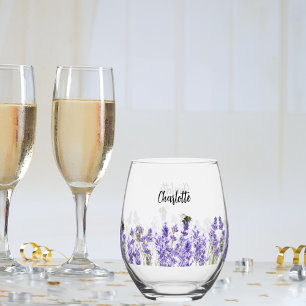 Lavender bees name script stemless wine glass