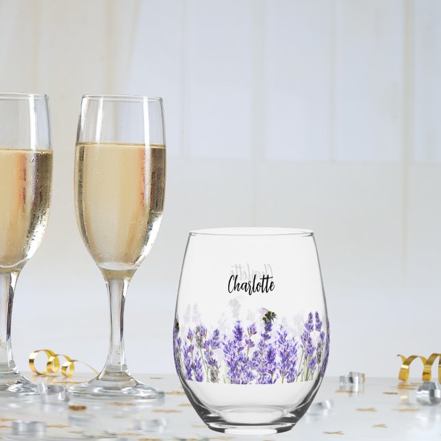 Lavender bees name script stemless wine glass (Creator Uploaded)