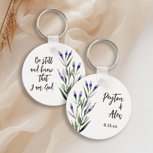 Lavender Bible Verse Christian Wedding Guest Favou Key Ring ("Be still and know that I am God" lavender on white custom keychain)