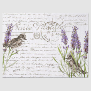 Lavender Bird Postcard French Script Decoupage  Tissue Paper