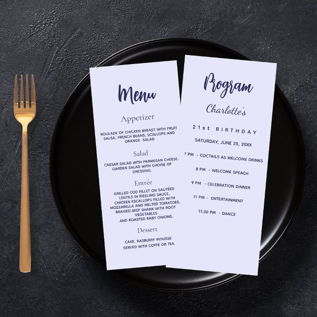 Lavender birthday program dinner menu card (Creator Uploaded)