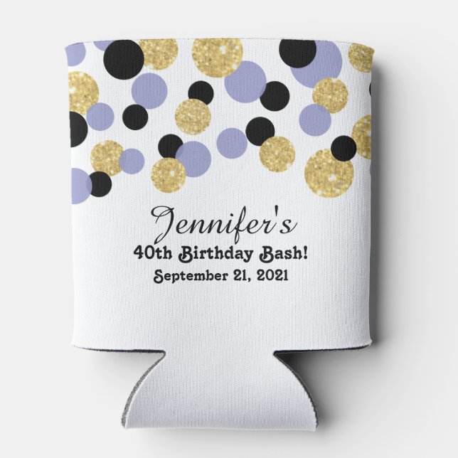 Lavender, Black and Gold Glitter Confetti | 40th Can Cooler (Back)