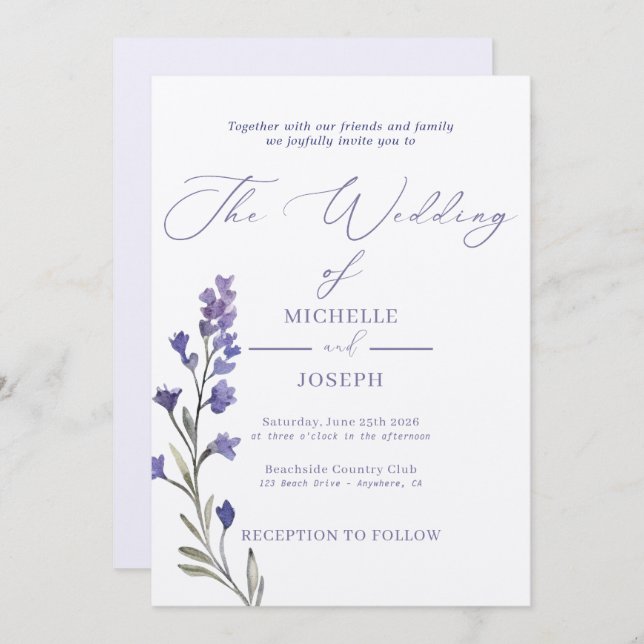 Lavender Bliss Elegant Watercolor Wedding Invitation (Front/Back)