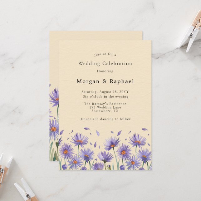 Lavender Bloom Watercolor Wildflowers Wedding Invitation (Front/Back In Situ)