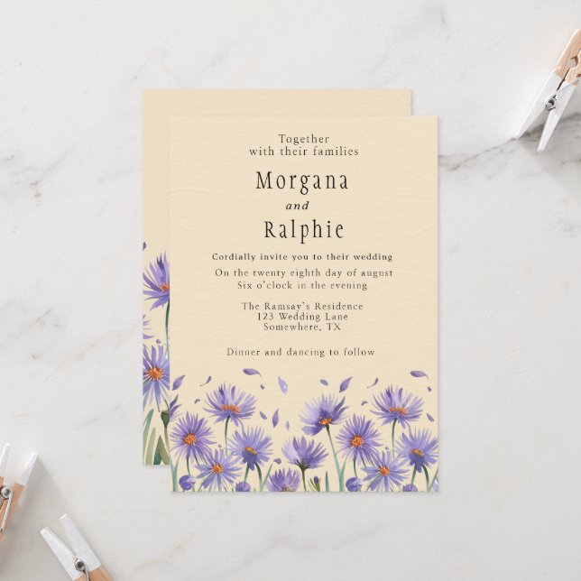 Lavender Bloom Watercolor Wildflowers Wedding Invitation (Front/Back In Situ)