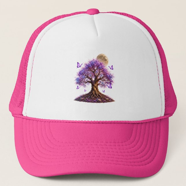 Lavender Blossom Moon Tree Trucker Hat (Front)