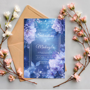 Lavender Blue Floral Starry Nebula Elegant Invitation