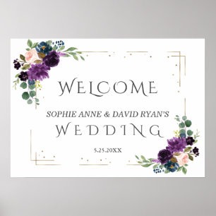 Lavender Blue Flowers Gold Wedding Welcome Sign