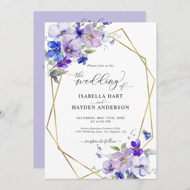 Lavender Blue Gold Purple All In 1 QR Code Wedding Invitation (Front/Back)