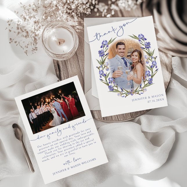 Lavender Blue Irises Floral Summer Wedding Photo Thank You Card (Creator Uploaded)