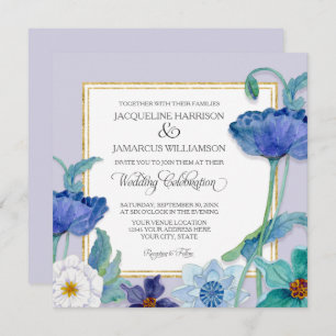 Lavender Blue n White Watercolor Floral Poppy Leaf Invitation
