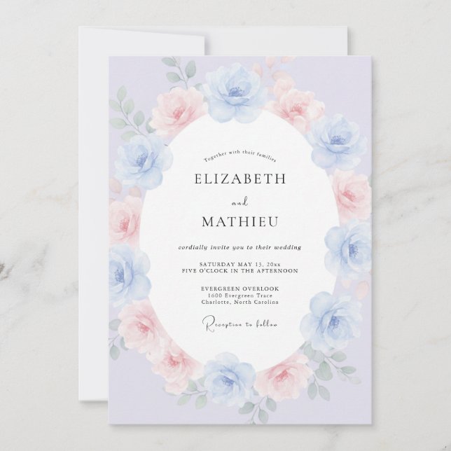 Lavender Blue Painterly Blossom Wedding Invitation (Front)