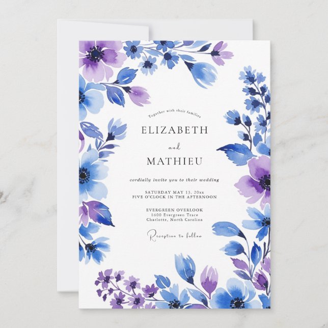 Lavender Blue Painterly Floral Wedding Invitation (Front)
