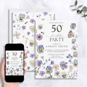 Lavender Blue Pressed Floral 50th Birthday Invitation