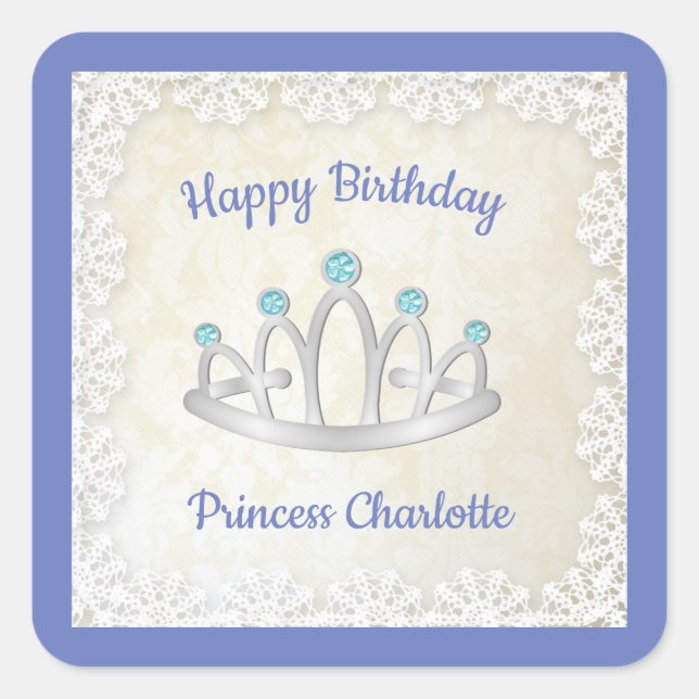 Lavender Blue Princess Tiara Birthday Party Square Sticker (Front)