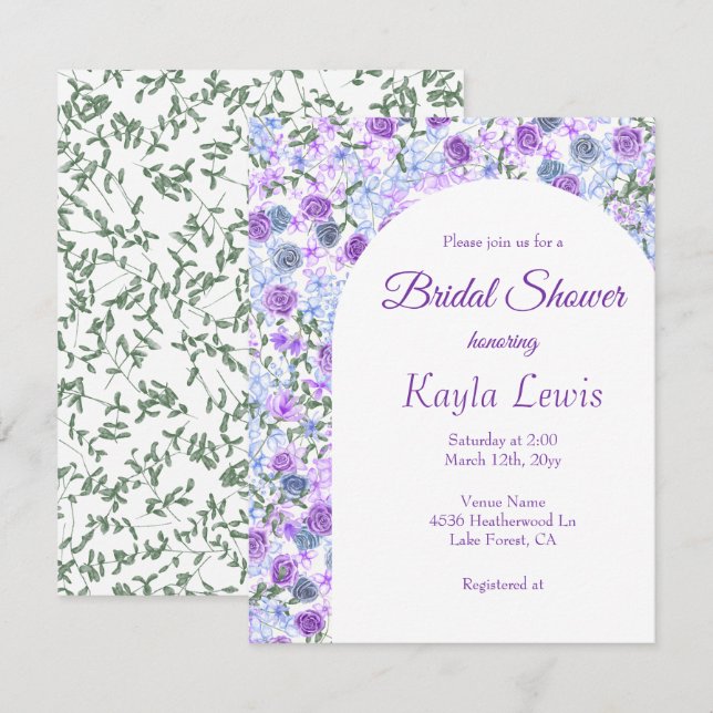 Lavender Blue Spring Garden Roses Bridal Shower Invitation (Front/Back)