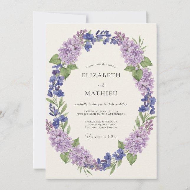 Lavender Blue Whimsical Blossom Wedding Invitation (Front)