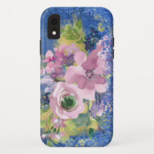 Lavender Blues Watercolor Floral Glitter iPhone XR Case