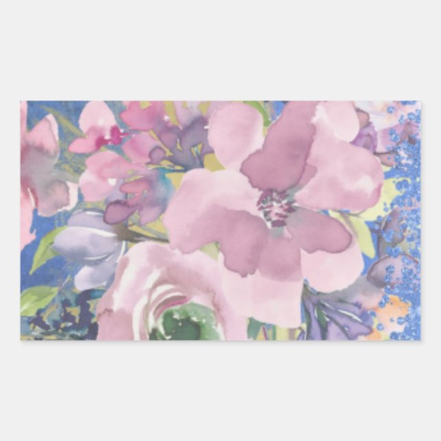 Lavender Blues Watercolor Floral Glitter Rectangular Sticker (Front)