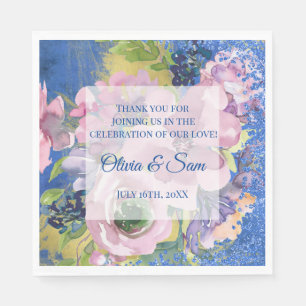 Lavender Blues Watercolor Floral Glitter Wedding Napkin