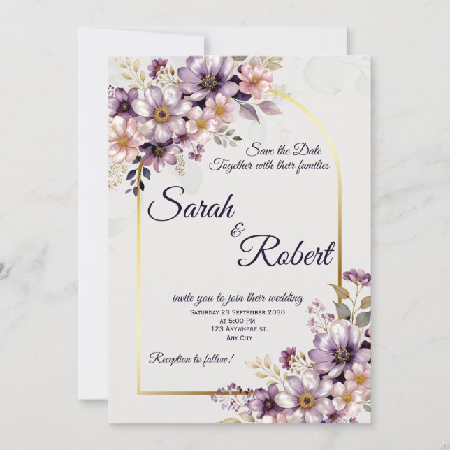 Lavender Blush Floral Gold Arch Wedding Invite (Front)