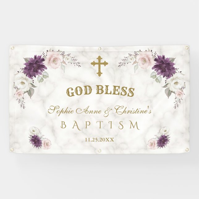 Lavender Blush Pink Flowers Baptism Welcome Sign (Horizontal)