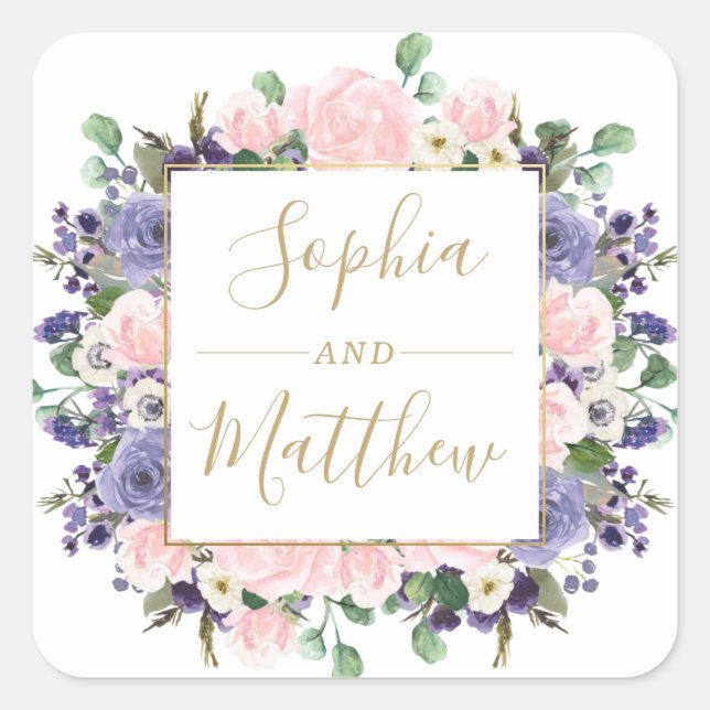 Lavender Blush Purple Floral Gold Wedding Favour Square Sticker (Front)