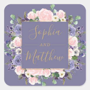 Lavender Blush Purple Floral Gold Wedding Favour Square Sticker