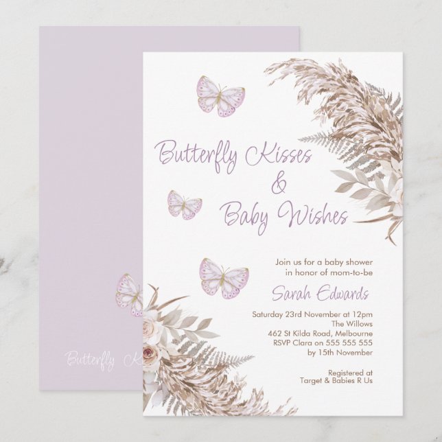 Lavender Boho Floral Butterfly Kisses Baby Shower Invitation (Front/Back)