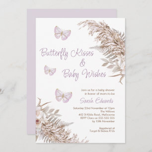Lavender Boho Floral Butterfly Kisses Baby Shower Invitation