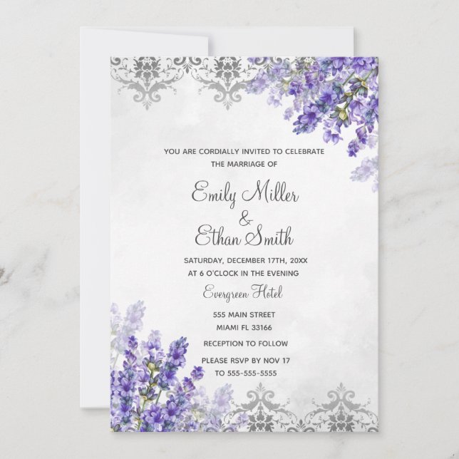 Lavender boho wedding invitation watercolor (Front)