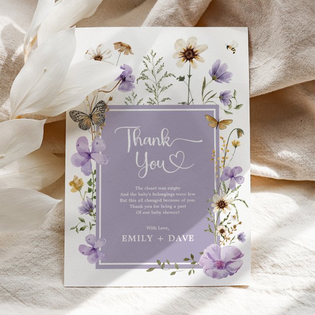 Lavender Boho Wildflower Butterfly Baby in Bloom Thank You Card (Creator Uploaded)