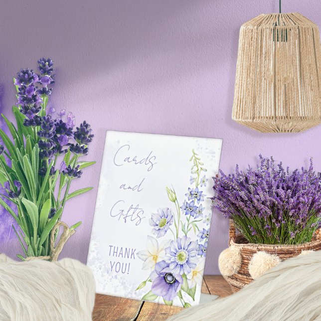 Lavender Boho Wildflower Cards and Gifts Pedestal Sign (A Little Wildflower Is On The Way Lavender Floral Baby Shower Cards and Gifts Pedestal Tabletop Sign)