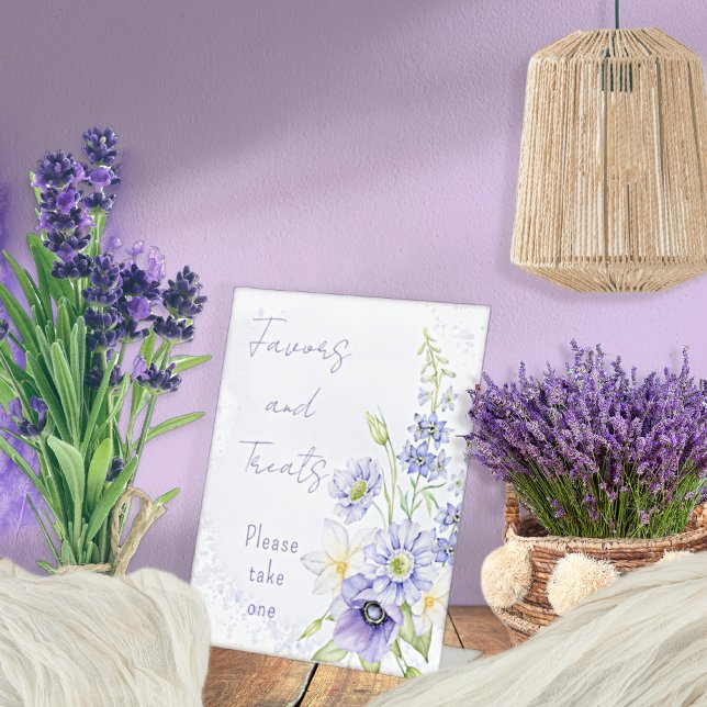 Lavender Boho Wildflower Favours and Treats Pedestal Sign (Little Wildflower Is On The Way Lavender Floral Baby Shower Favors and Treats Tabletop Pedestal Sign)