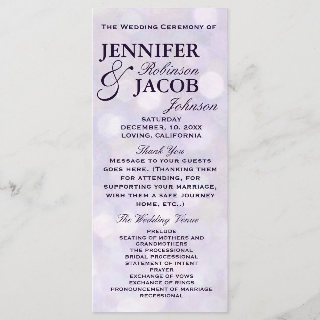 Lavender Bokeh Highlights Wedding Program (Front)