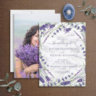 Lavender Botanical Frame Marble Photo Wedding Invitation